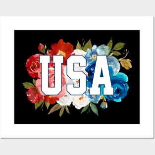 USA Red, White and Blue Florals Design Posters and Art